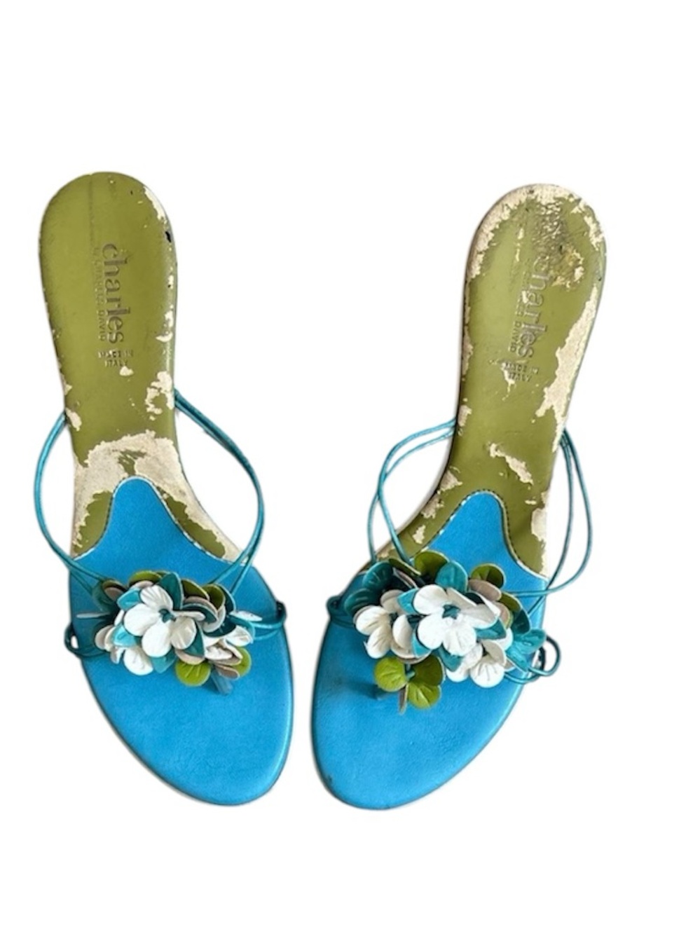 Charles David leather straps/ flower embellishments Vintage Kitten heels Y2K
